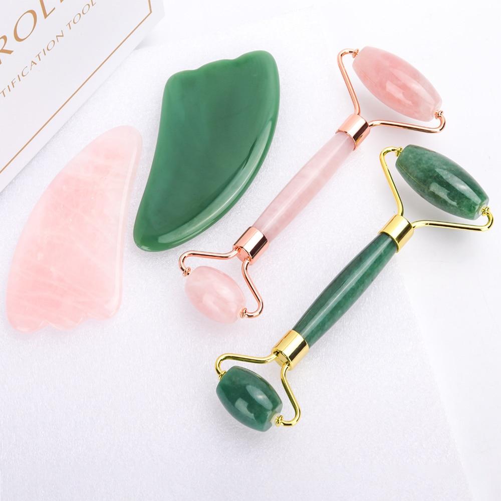 Natural Rose Quartz & Jade Facial Massage Roller Beauty Care Set