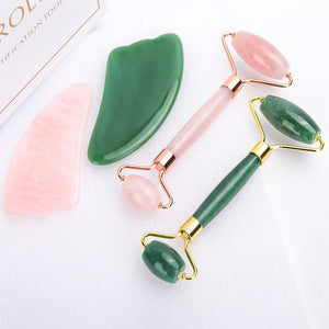 Natural Rose Quartz & Jade Facial Massage Roller Beauty Care Set