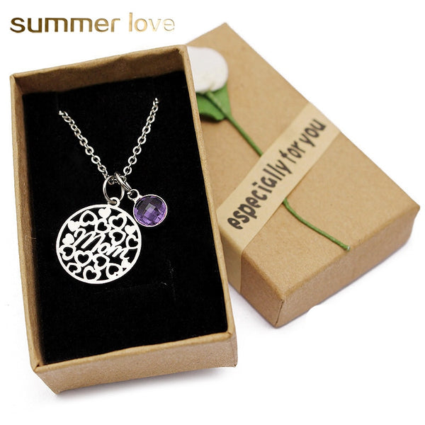 Love Heart Mom Necklace With Crystal Birthstone Pendant - Necklaces - Proshot Bazaar