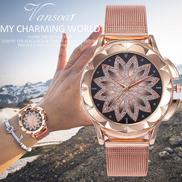 VANSVAR Fashion Rose Gold Flower Rhinestone Quartz Watch - Watches - Proshot Bazaar