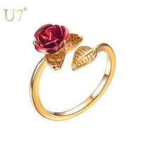 U7 Red Rose Garden Flower Leaves Open Ring - Rings - Proshot Bazaar
