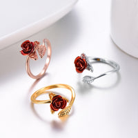 U7 Red Rose Garden Flower Leaves Open Ring - Rings - Proshot Bazaar